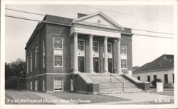 First Methodist Church, brick building with classical columns Postcard