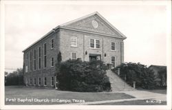 First Baptist Church - Brick Building with Front Steps and Landscaping Postcard