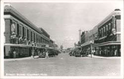 Street Scene with Cars, Stores, and Pedestrians Postcard