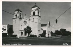 Catholic Church with Twin Towers, Rose Window, Gulfport Postcard