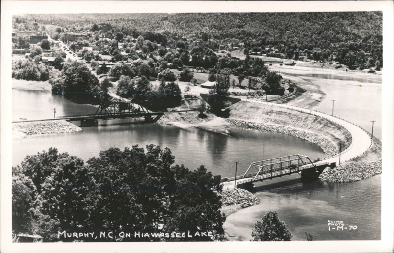 Hiawassee Lake with bridges, curved road, and town Murphy North Carolina