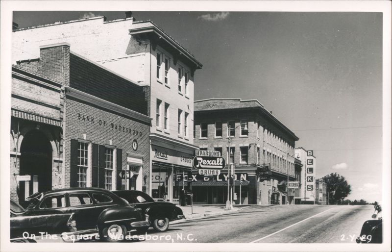 On The Square, Wadesboro Street Scene with Bank and Rexall Drugs North Carolina