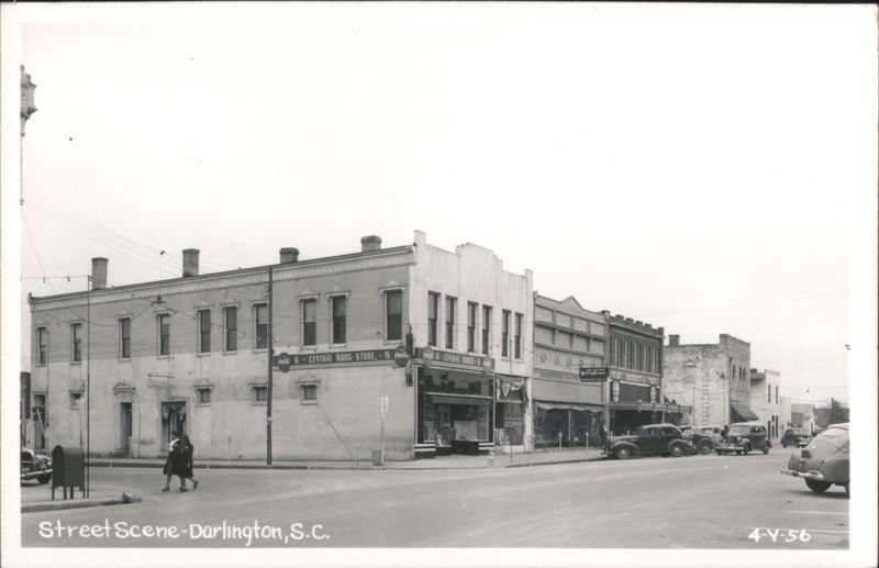 Street Scene with Central Drug Store and Cars, Darlington, SC South Carolina