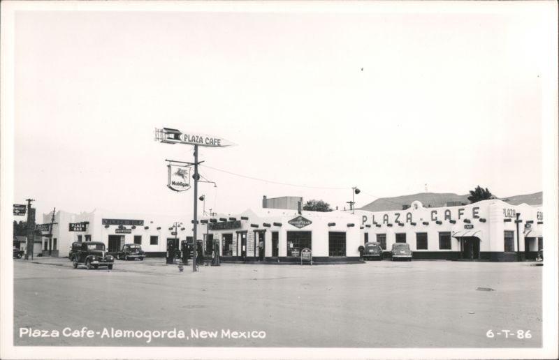 Plaza Cafe with Rocket Sign, Mobilgas Station, and Cars Alamogordo New Mexico