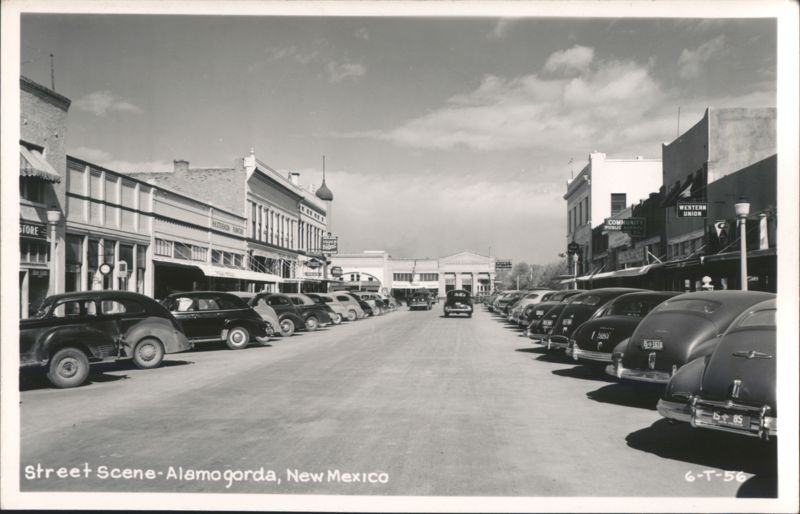Street Scene with Parked Cars, Businesses, and Western Union Alamogorda New Mexico