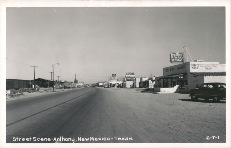 Anthony, New Mexico - Texas Street Scene with Motels and Coffee Shop