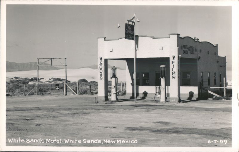White Sands Motel & Chevron Gas Station with Dunes in Background New Mexico