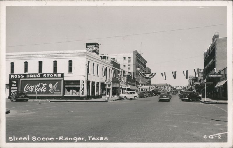 Street Scene with Ross Drug Store, Gholson Hotel, and Cars Ranger Texas