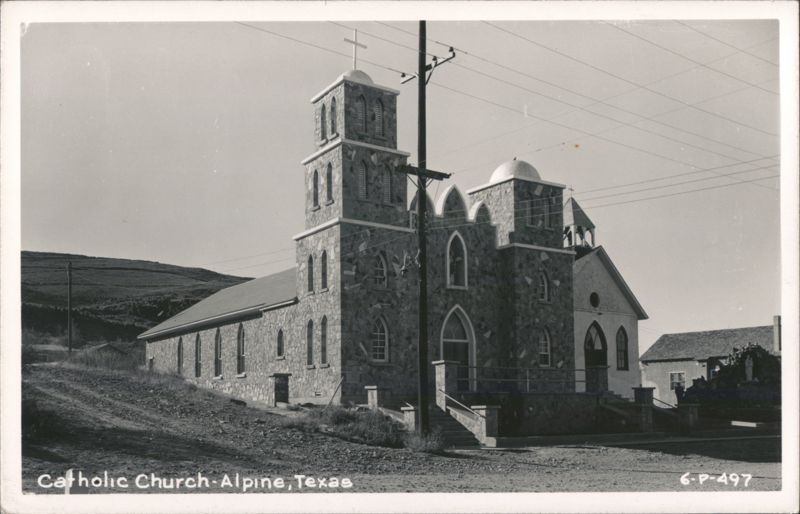 Stone Catholic Church with Bell Tower and Cross Alpine Texas