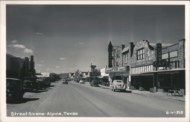 Granada Theater, Texas Cafe, and businesses on a main street Alpine