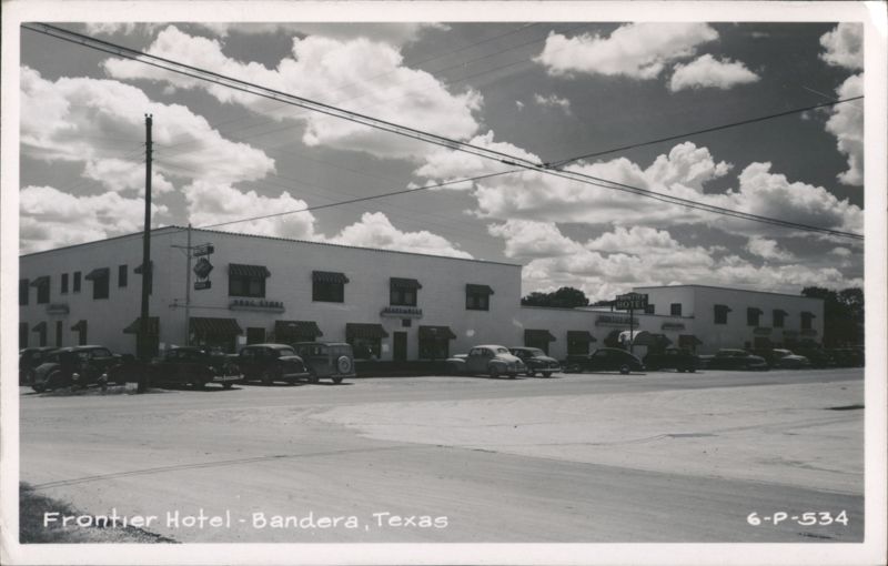 Frontier Hotel and Street Scene with Cars Bandera Texas
