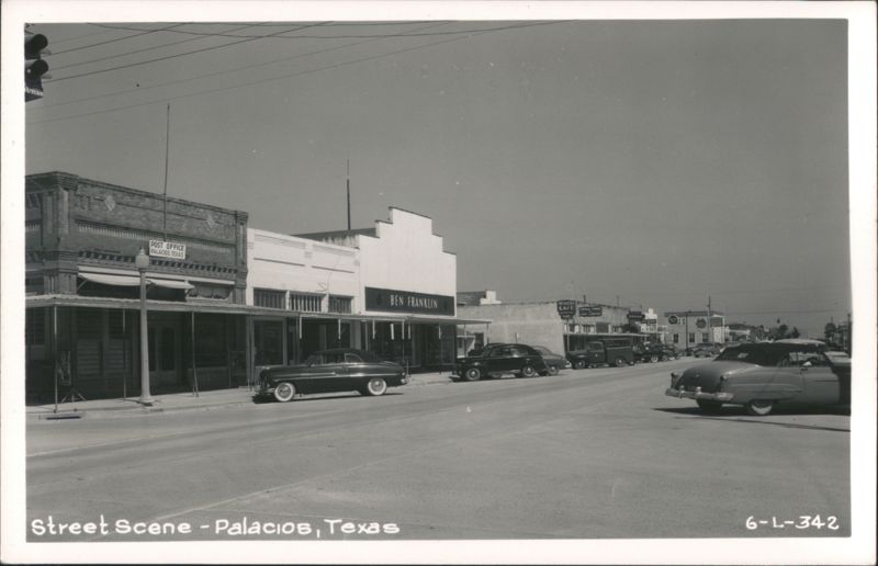 Street Scene with Post Office and Ben Franklin Store Palacios Texas