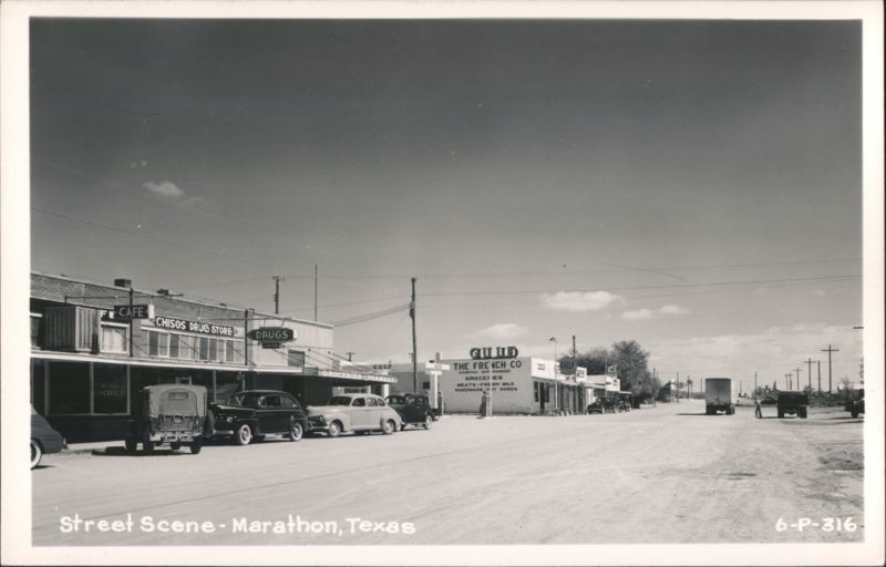Street Scene with Businesses and Cars, Marathon, TX Texas