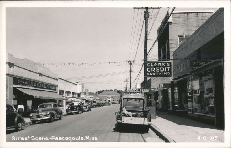 Pascagoula Street Scene with Vintage Cars and Shops Mississippi