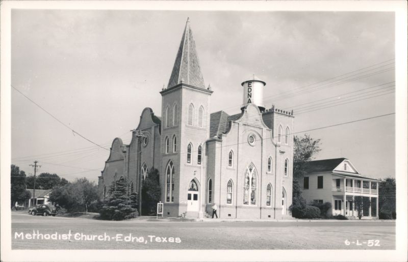 Methodist Church with Steeple and Edna Water Tower Texas