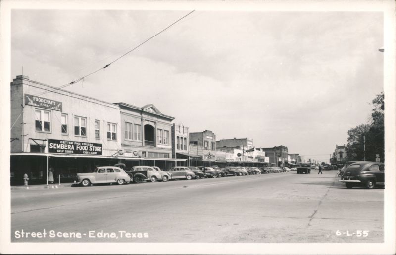 Street Scene with Foodcraft and Sembera Food Stores, Edna, Texas