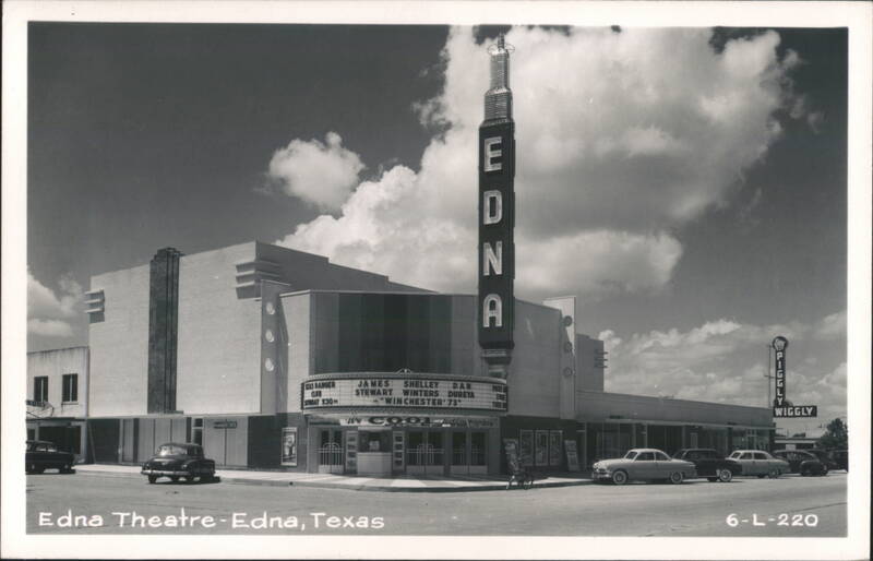 Edna Theatre with Marquee, Vertical Sign, and Piggly Wiggly Store Texas