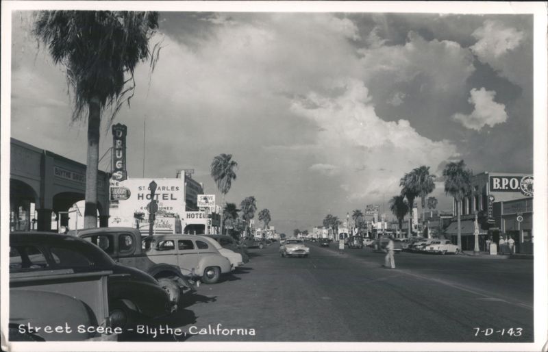 Street Scene with St. Charles Hotel, Blythe Drug, B.P.O.E. California