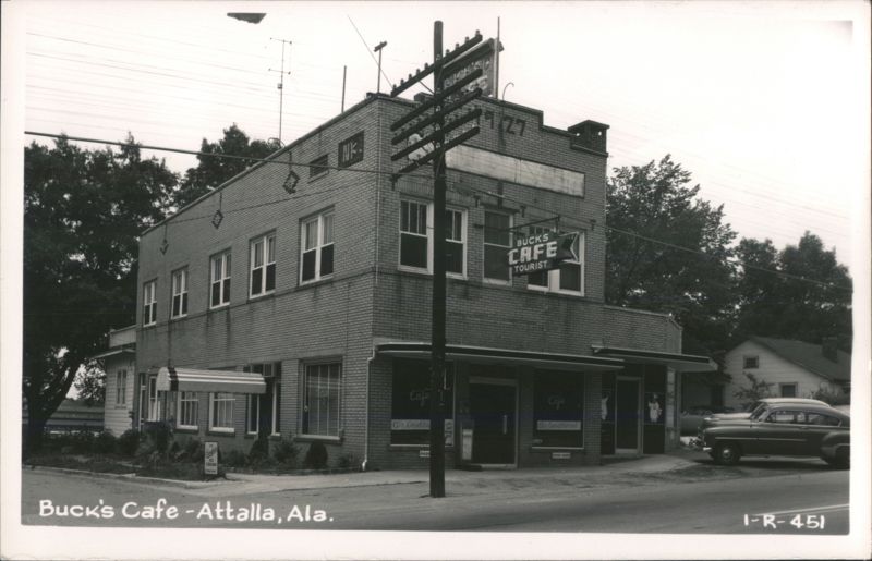 Buck's Cafe, Attalla, Alabama - Brick Building with Tourist Sign