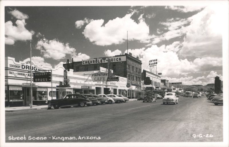 Main Street with Desert Drug, Frontier Cafe, Chevrolet-Buick, Vintage Cars Kingman Arizona
