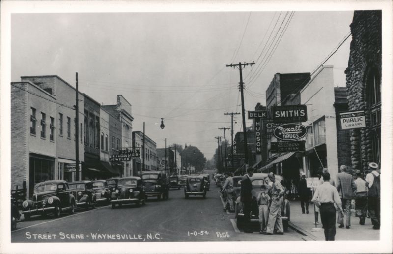 Street Scene with Businesses, Cars, and Pedestrians Waynesville North Carolina
