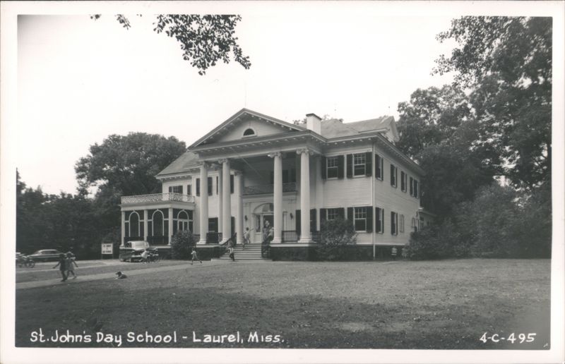 St. John's Day School, large building with columns and children Laurel Mississippi
