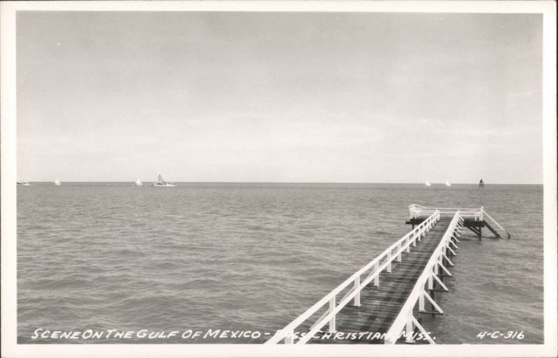 Scene on the Gulf of Mexico with Pier and Sailboats Pass Christian Mississippi