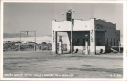 White Sands Motel & Chevron Gas Station with Dunes in Background Postcard