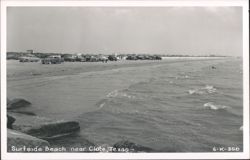 Surfside Beach with Cars and People in Water Postcard