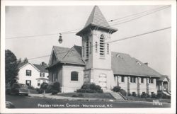 Presbyterian Church with Steeple and Cars Postcard