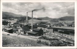Wood Pulp Plant with Smokestacks and Train Tracks in Sylva, NC Postcard