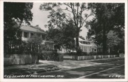 Residences along a tree-lined street with picket fences Postcard