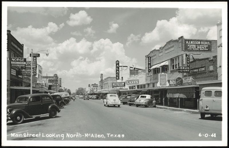 Main Street Looking North, McAllen, Texas with Vintage Cars and Shops