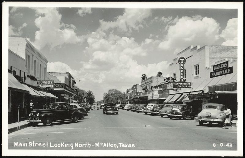 Main Street Looking North with Businesses and Parked Cars McAllen Texas