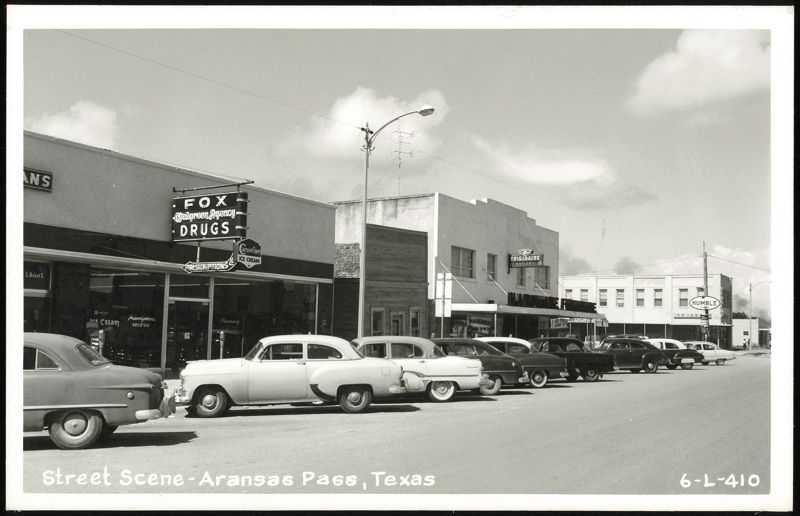 Aransas Pass TX Street Scene with Vintage Cars, Fox Drugs, Naylors Frigidaire Texas