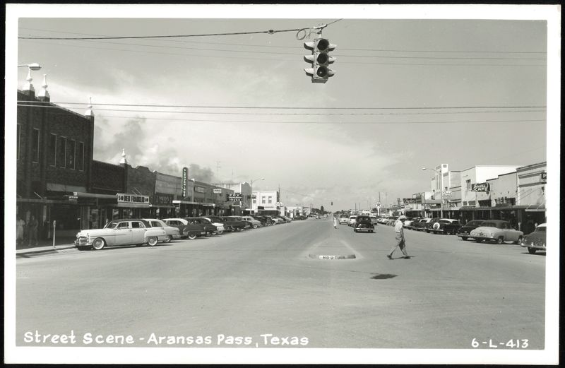 Downtown Aransas Pass Street Scene with Businesses and Vintage Cars Texas