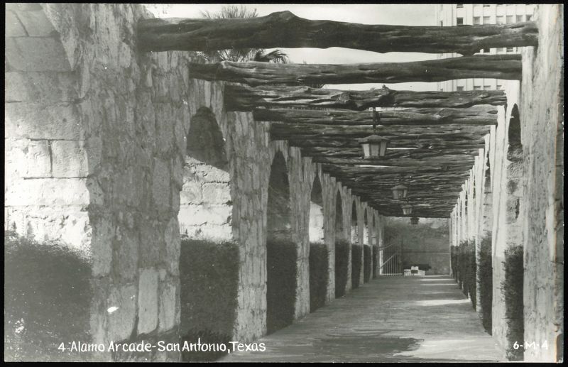 Alamo Arcade, Stone Arches, Wooden Beams, and Hanging Lanterns San Antonio Texas