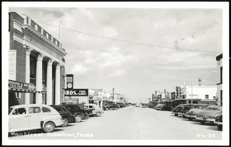 Main Street with State National Bank and Bros. Food Market, Robstown Texas