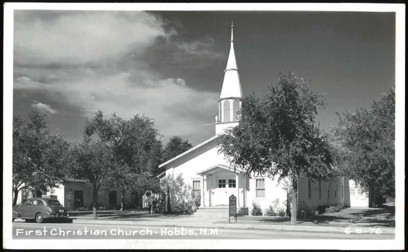 First Christian Church with Steeple and Vintage Car Hobbs New Mexico
