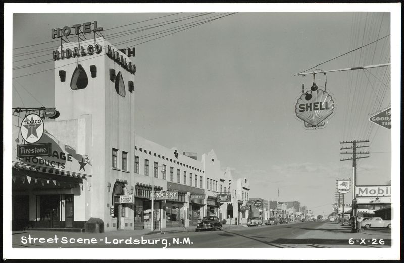 Hotel Hidalgo Inn, Shell, Texaco, Mobilgas on a Lordsburg Street Scene New Mexico
