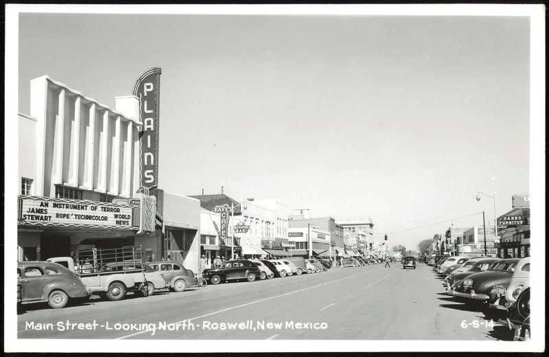Main Street Looking North with Plains Theater and businesses Roswell New Mexico