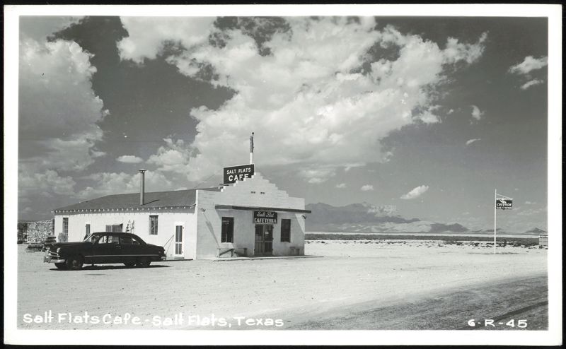 Salt Flats Cafe and Cafeteria with Chevron Gas Station, parked car Texas