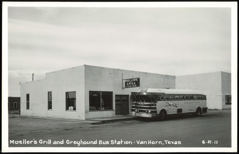 Mueller's Grill and Greyhound Bus Station with Bus Van Horn Texas