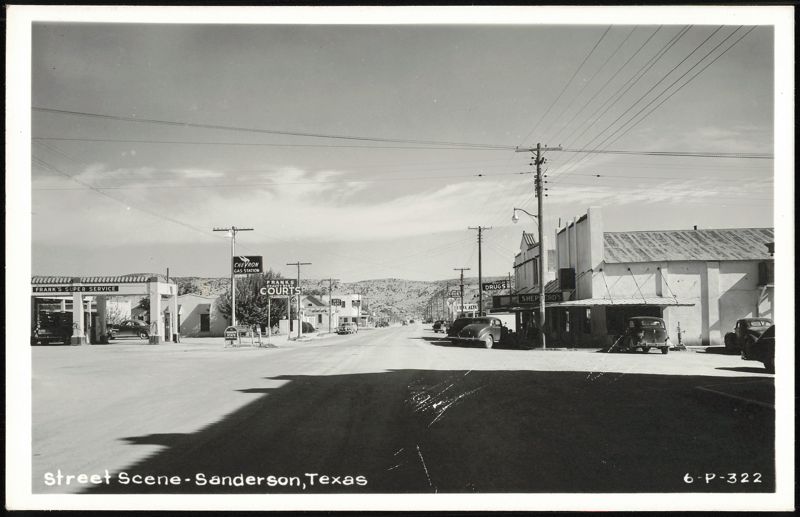 Street Scene with Frank's Super Service, Chevron, and Whistler Drugs Sanderson Texas