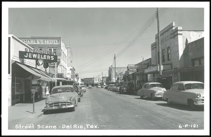 Del Rio, TX Street Scene with Businesses and Cars Texas