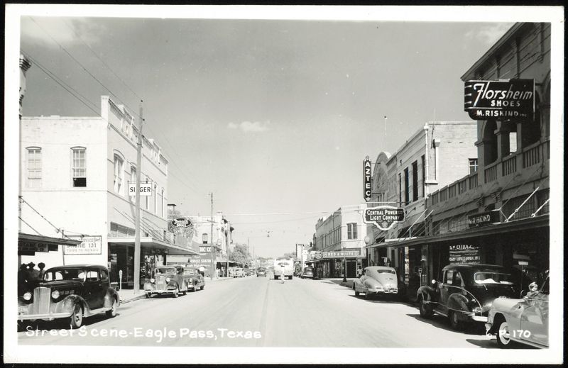 Eagle Pass, TX Street Scene: Florsheim Shoes, Aztec Theater, Central Power & Light Texas