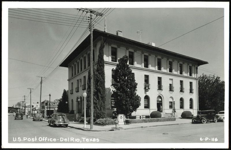 U.S. Post Office building with cars on street, Del Rio, TX Texas