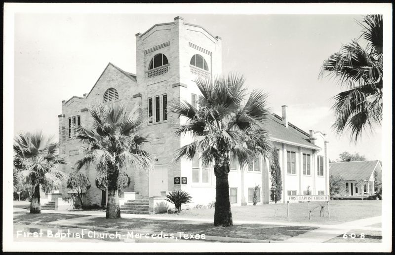 First Baptist Church building with palm trees Mercedes Texas