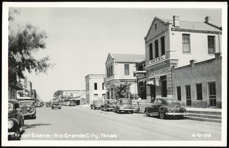 Street Scene with Hotels, Bus Station, and Cars, Rio Grande City Texas