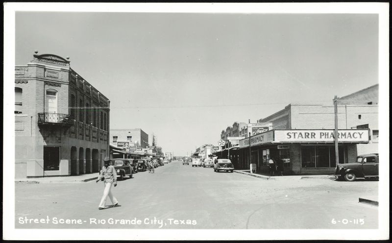 Downtown Street Scene with Starr Pharmacy and R. Hinojosa y Hnos Building Rio Grande City Texas